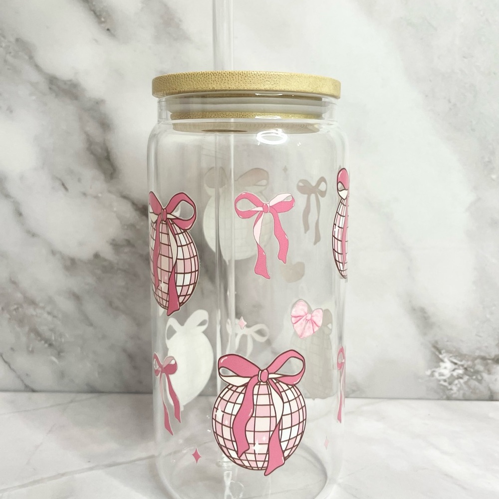 Pink and White Bow Decorated Glass Tumbler